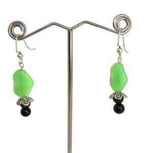 Handcrafted Green And Black Beaded Dangle Earrings With Silver-Tone Accents
